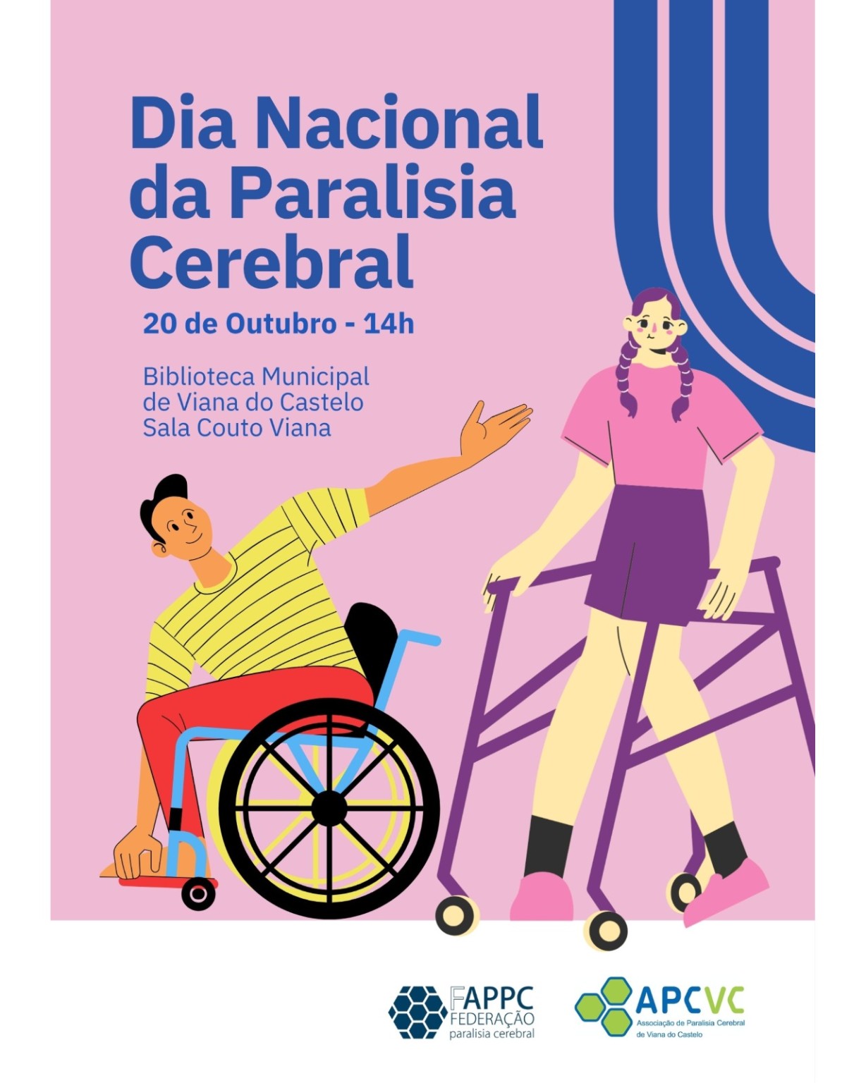 Cartaz oficial do Dia Nacional da Paralisia Cerebral, 20 de outubro de 2026, às 14h, na Biblioteca Municipal de Viana do Castelo, Sala Couto Viana